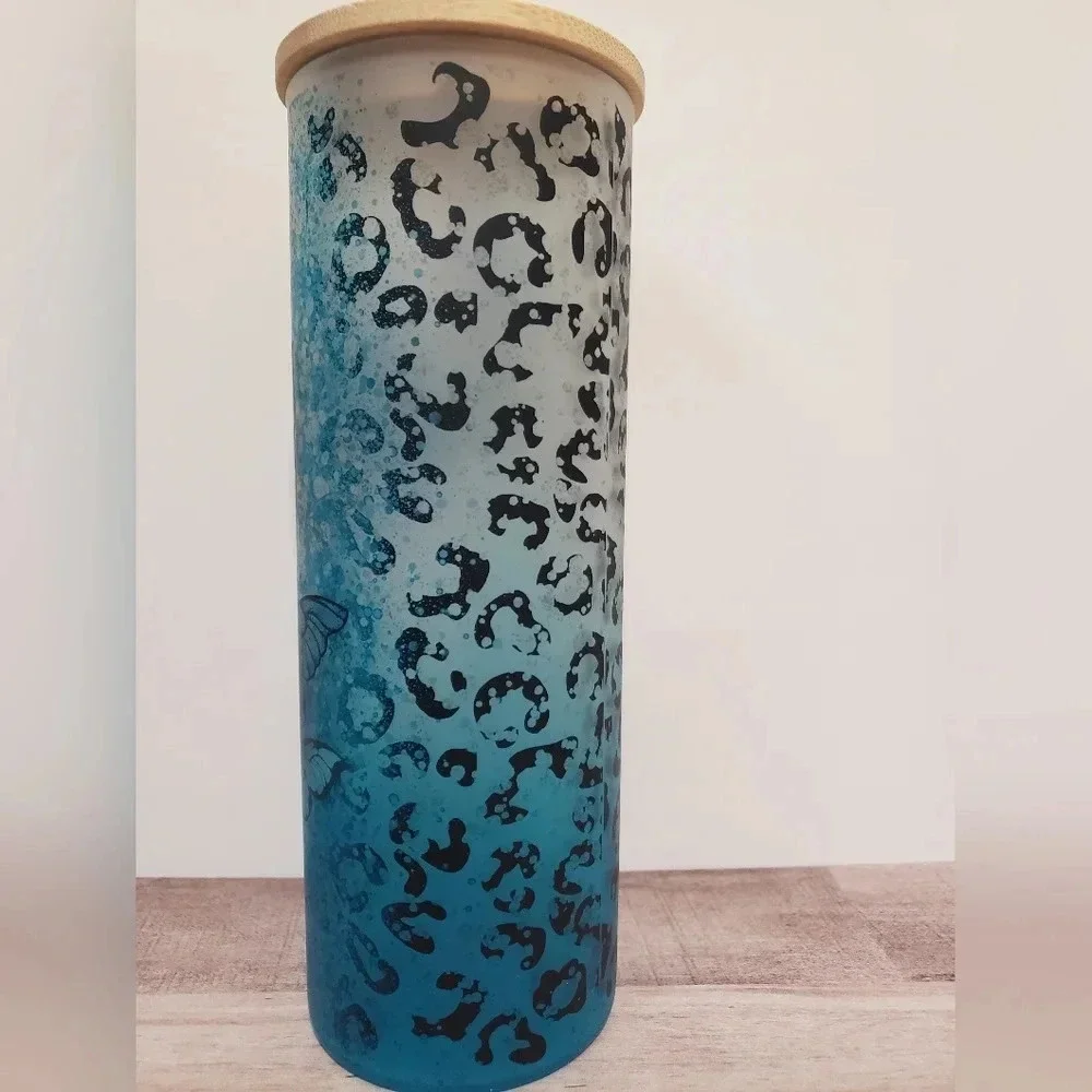 Butterfly leopard print ombre‎ frosted glass tumbler with lid and straw